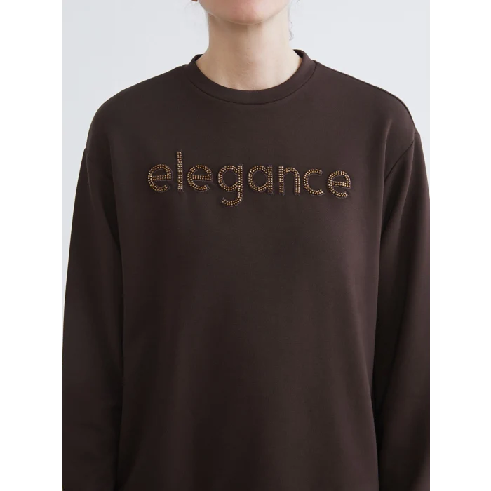 LCWAIKIKI Basic Kahverengi Bisiklet Yaka Taşlı Kadın Sweatshirt