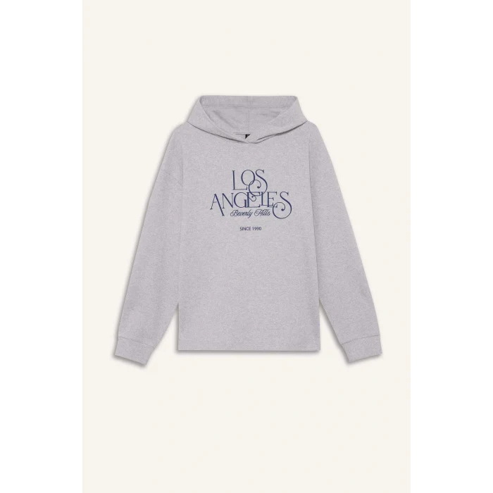 Defacto F7889AXGR93 Gri Relax Fit Kapüşonlu Baskılı Sweatshirt