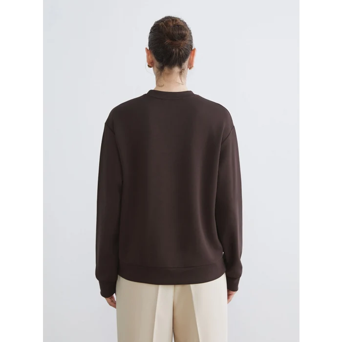 LCWAIKIKI Basic Kahverengi Bisiklet Yaka Taşlı Kadın Sweatshirt