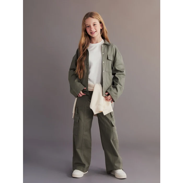 LCW Kids Haki Geniş Paça Gabardin Kız Çocuk Kargo Pantolon