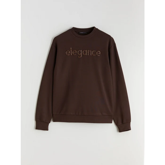 LCWAIKIKI Basic Kahverengi Bisiklet Yaka Taşlı Kadın Sweatshirt