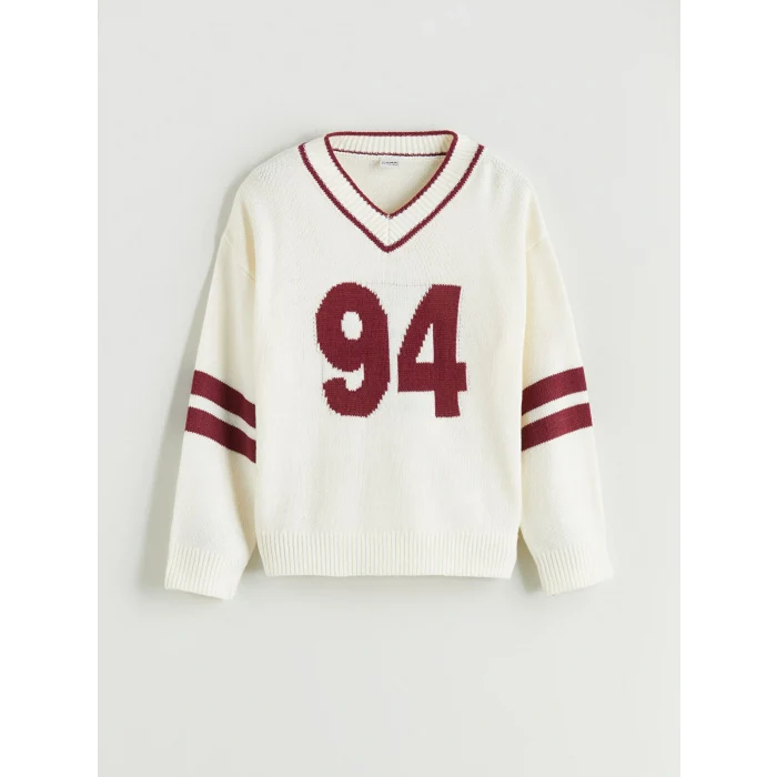 LCW Kids Ekru V Yaka Kız Çocuk Triko Kazak