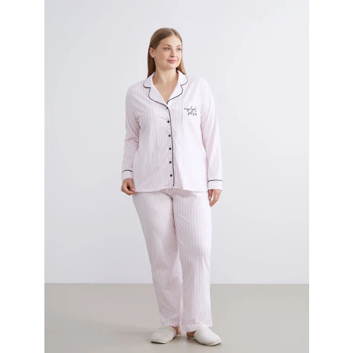 LCW DREAM Ekru Gömlek Yaka Çizgili Kadın Pijama Takımı