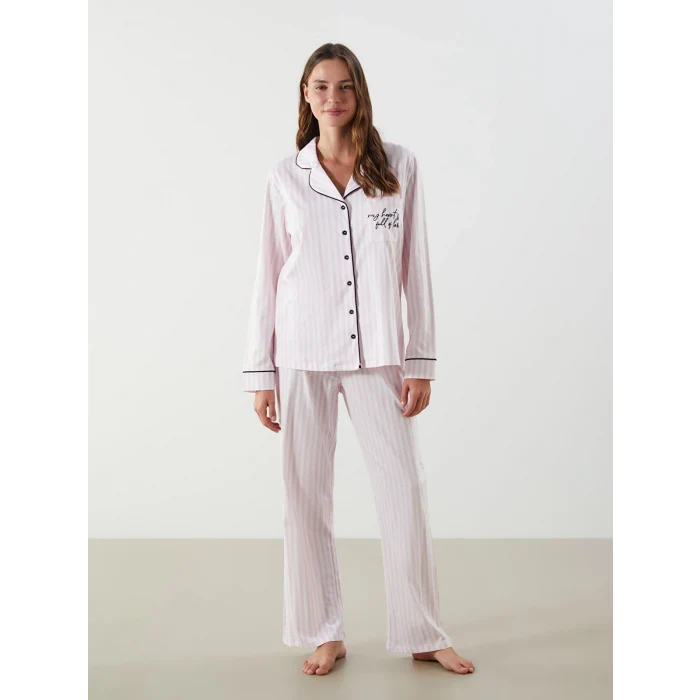 LCW DREAM Ekru Gömlek Yaka Çizgili Kadın Pijama Takımı