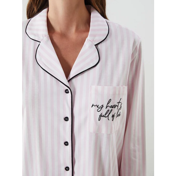 LCW DREAM Ekru Gömlek Yaka Çizgili Kadın Pijama Takımı