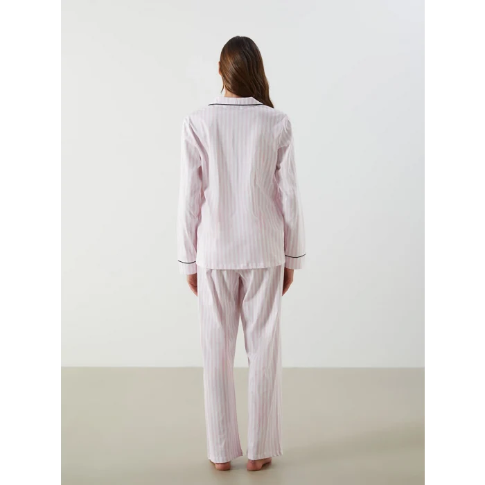 LCW DREAM Ekru Gömlek Yaka Çizgili Kadın Pijama Takımı