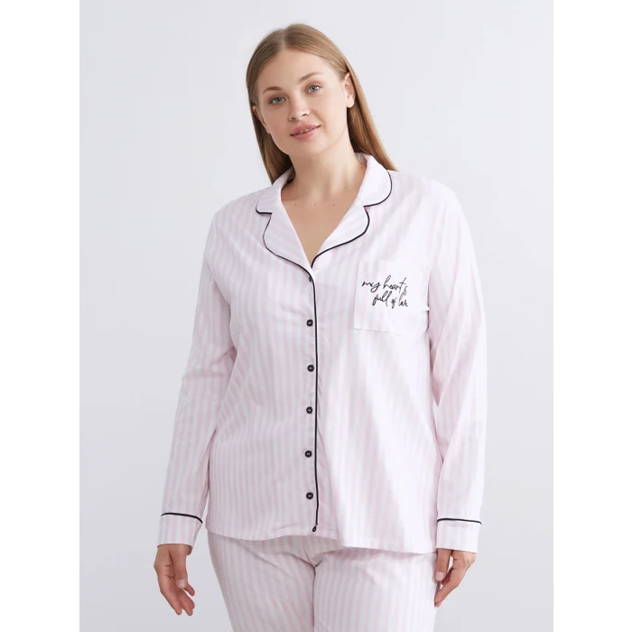 LCW DREAM Ekru Gömlek Yaka Çizgili Kadın Pijama Takımı