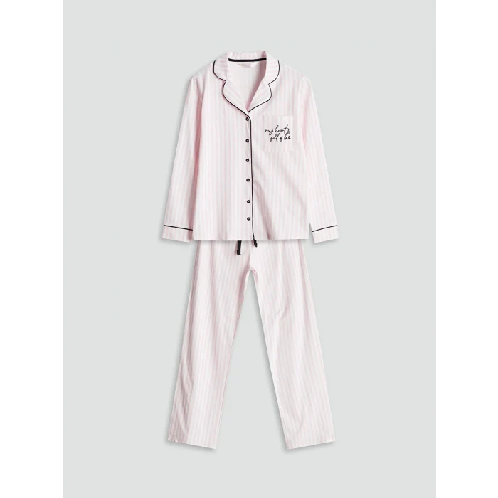 LCW DREAM Ekru Gömlek Yaka Çizgili Kadın Pijama Takımı