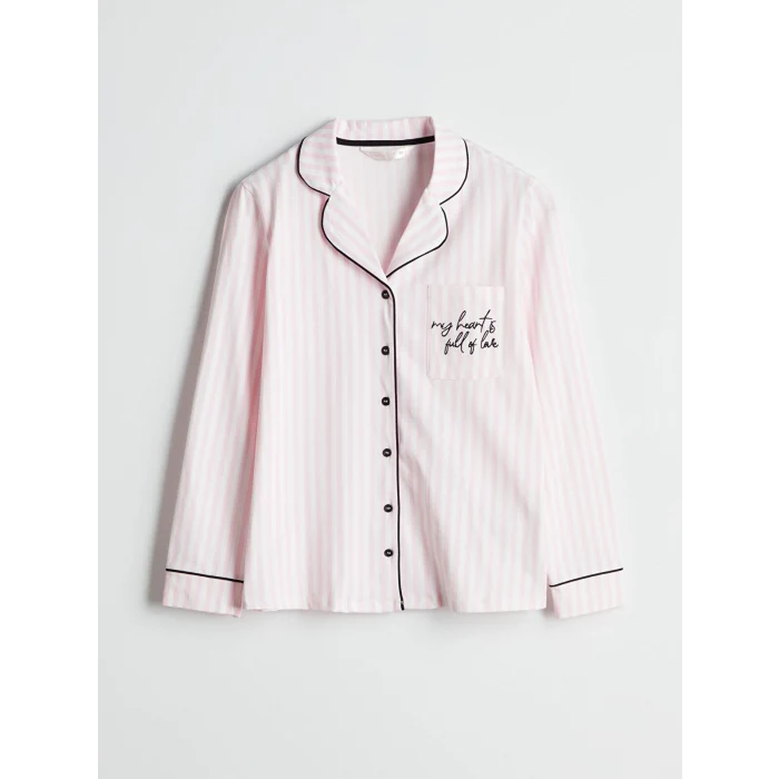 LCW DREAM Ekru Gömlek Yaka Çizgili Kadın Pijama Takımı