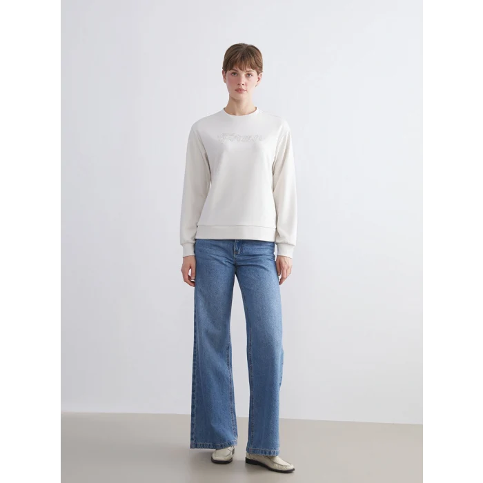 LCWAIKIKI Basic Gri Bisiklet Yaka Taşlı Kadın Sweatshirt