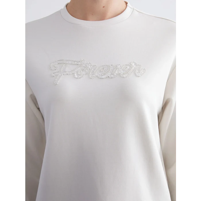 LCWAIKIKI Basic Gri Bisiklet Yaka Taşlı Kadın Sweatshirt