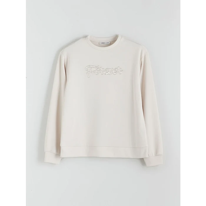 LCWAIKIKI Basic Gri Bisiklet Yaka Taşlı Kadın Sweatshirt