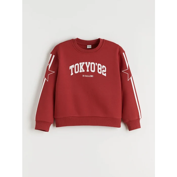 LCW Kids Kırmızı Bisiklet Yaka Tokyo Baskılı Kız Çocuk Sweatshirt