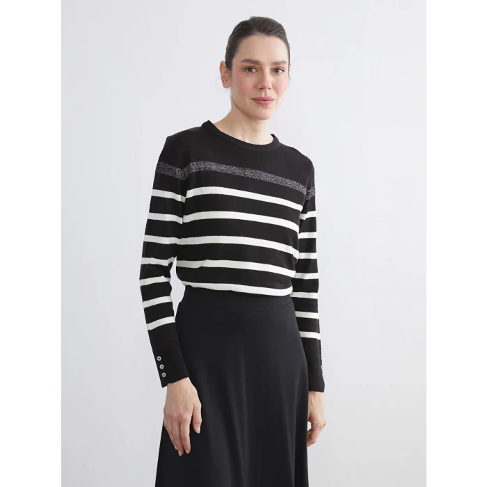 LCW Grace Siyah Bisiklet Yaka Çizgili Kadın Triko Kazak