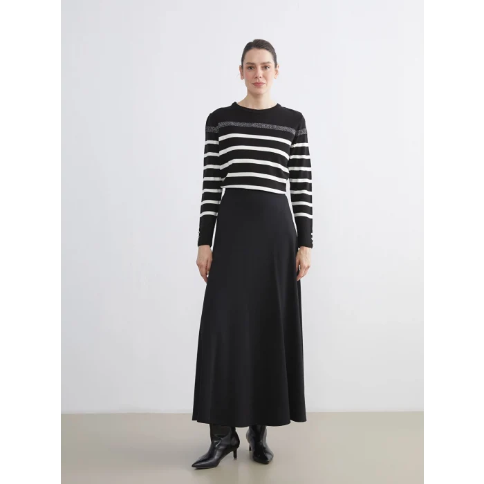 LCW Grace Siyah Bisiklet Yaka Çizgili Kadın Triko Kazak