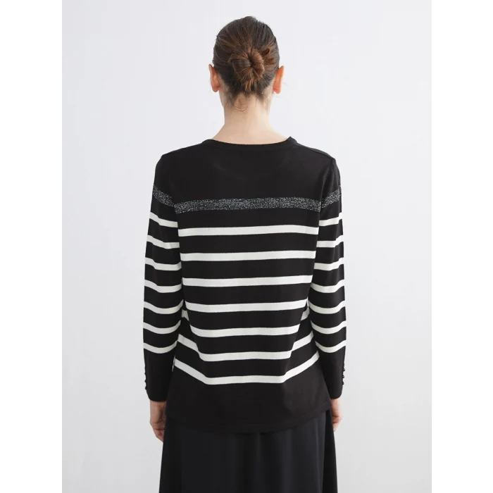 LCW Grace Siyah Bisiklet Yaka Çizgili Kadın Triko Kazak