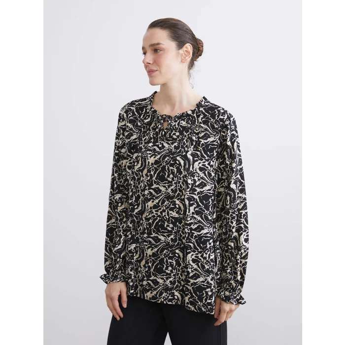 LCW Grace Siyah Bağlamalı Yaka Desenli Bluz