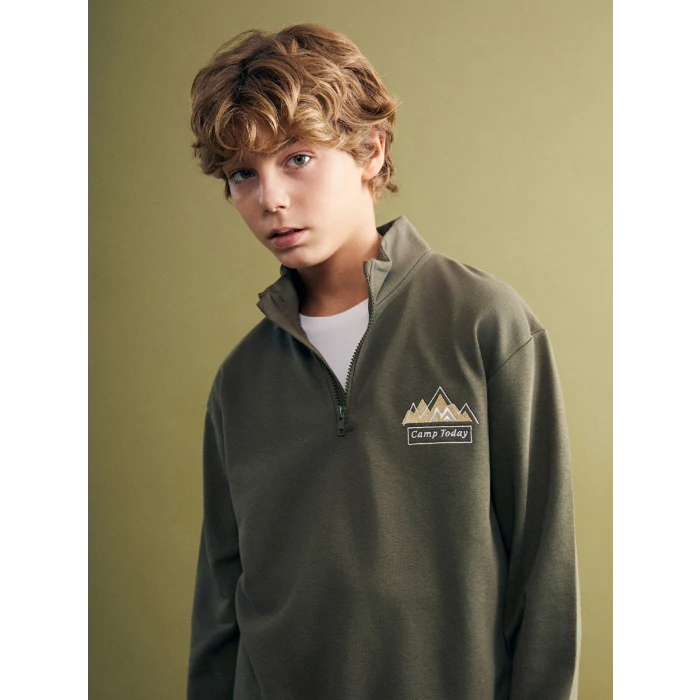 LCW Kids Haki Dik Yaka Erkek Çocuk Sweatshirt