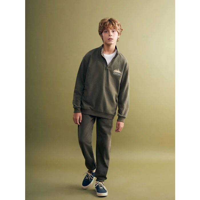 LCW Kids Haki Dik Yaka Erkek Çocuk Sweatshirt