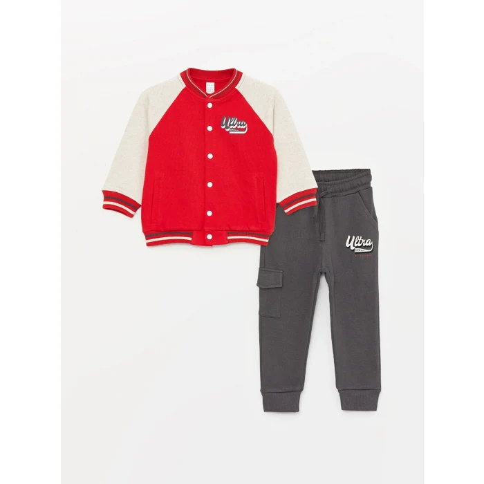 LCW baby Kırmızı Bisiklet Yaka Uzun Kollu Baskılı Erkek Bebek Sweatshirt ve Pantolon 2li Takım