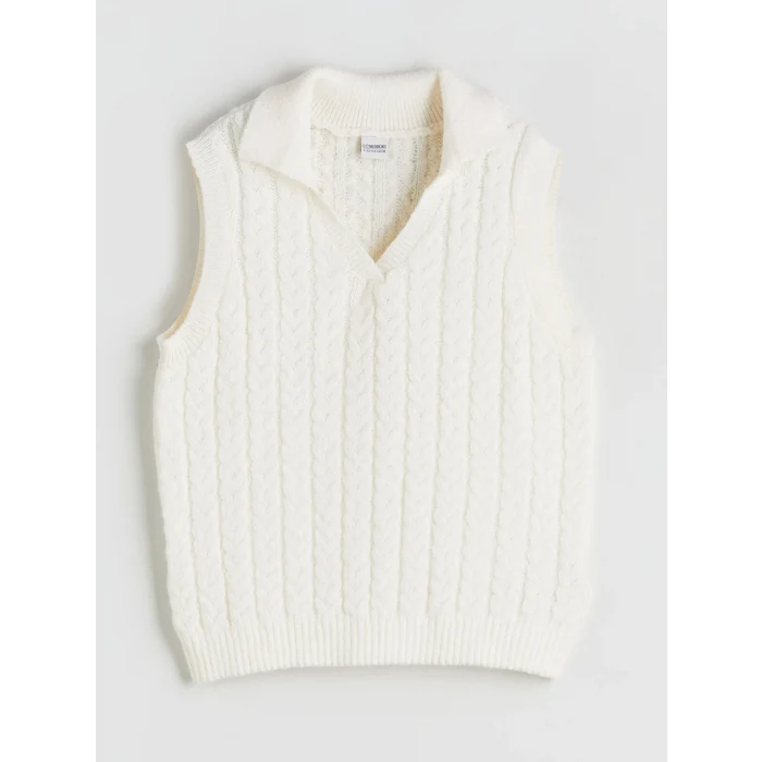 LCW Kids Ekru Polo Yaka Kız Çocuk Triko Süveter