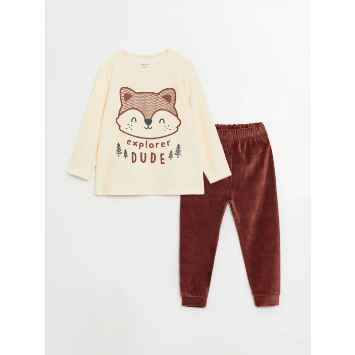 LCW baby Ekru Bisiklet Yaka Uzun Kollu Baskılı Kadife Erkek Bebek Pijama Takımı