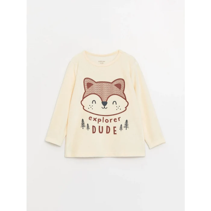 LCW baby Ekru Bisiklet Yaka Uzun Kollu Baskılı Kadife Erkek Bebek Pijama Takımı