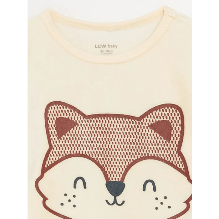 LCW baby Ekru Bisiklet Yaka Uzun Kollu Baskılı Kadife Erkek Bebek Pijama Takımı