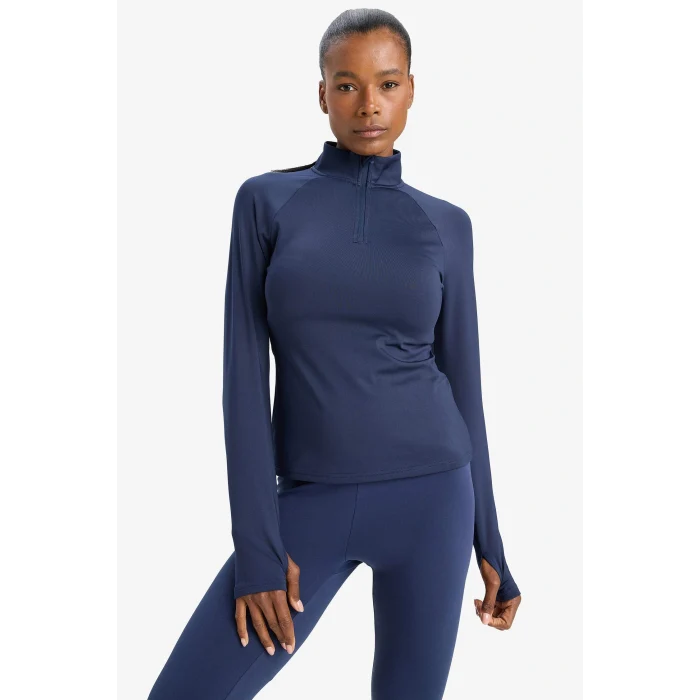 Defacto B0811AXNV238 Lacivert DeFactoFit Standart Fit Dik Yaka Fermuarlı İçi Yumuşak Tüylü Sporcu Uzun Kollu Tişört