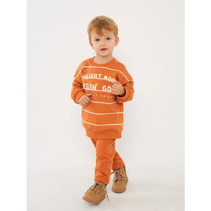 LCW baby Turuncu Bisiklet Yaka Uzun Kollu Erkek Bebek Sweatshirt ve Pantolon 2li Takım