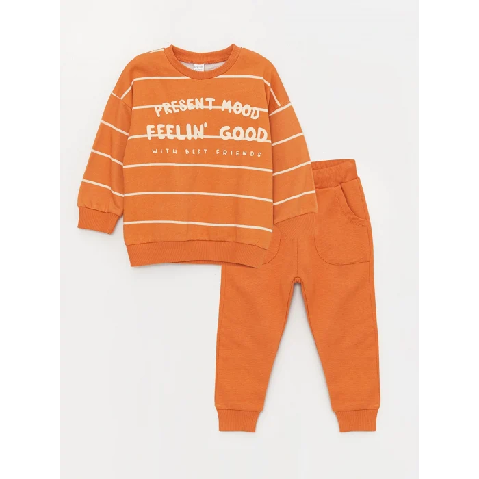 LCW baby Turuncu Bisiklet Yaka Uzun Kollu Erkek Bebek Sweatshirt ve Pantolon 2li Takım