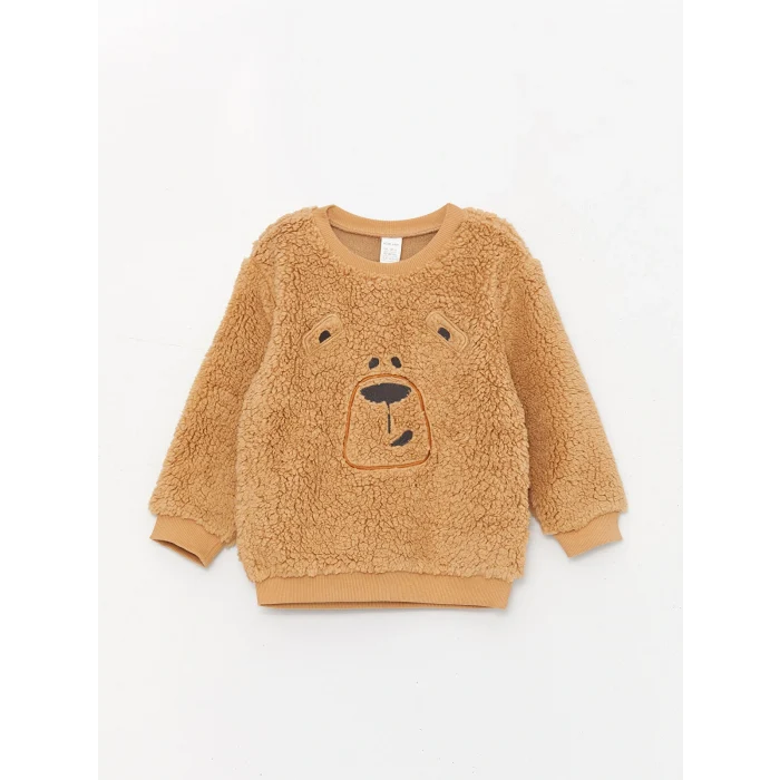 LCW baby Bej Bisiklet Yaka Uzun Kollu Nakış Detaylı Pelüş Erkek Bebek Sweatshirt