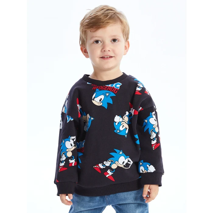 LCW baby Antrasit Bisiklet Yaka Uzun Kollu Sonic The Hedgehoc Baskılı Erkek Bebek Sweatshirt