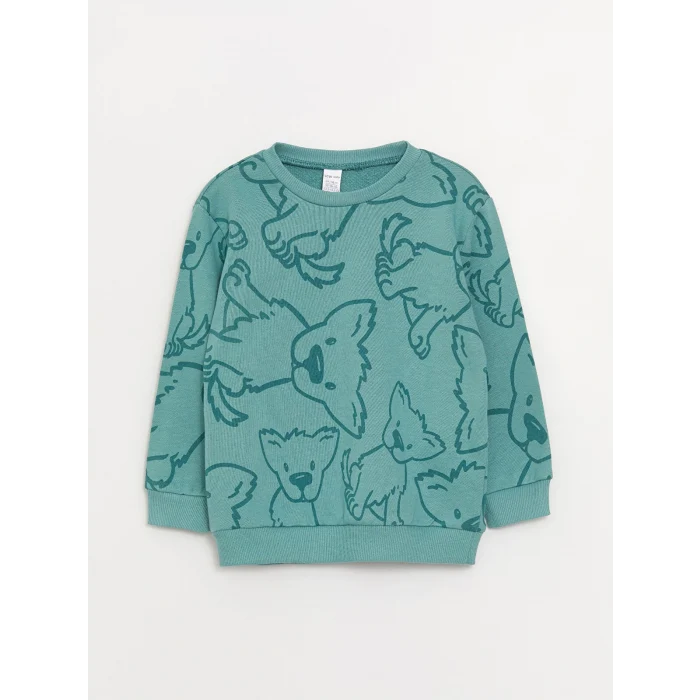 LCW baby Yeşil Bisiklet Yaka Baskılı Erkek Bebek Sweatshirt