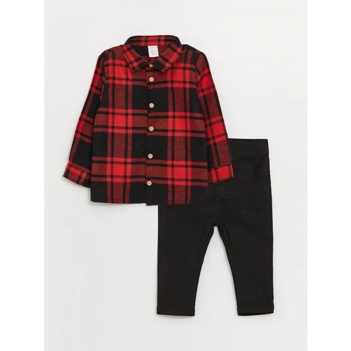 LCW baby Kırmızı Ekose Desenli Uzun Kollu Erkek Bebek Gömlek ve Pantolon 2li Takım