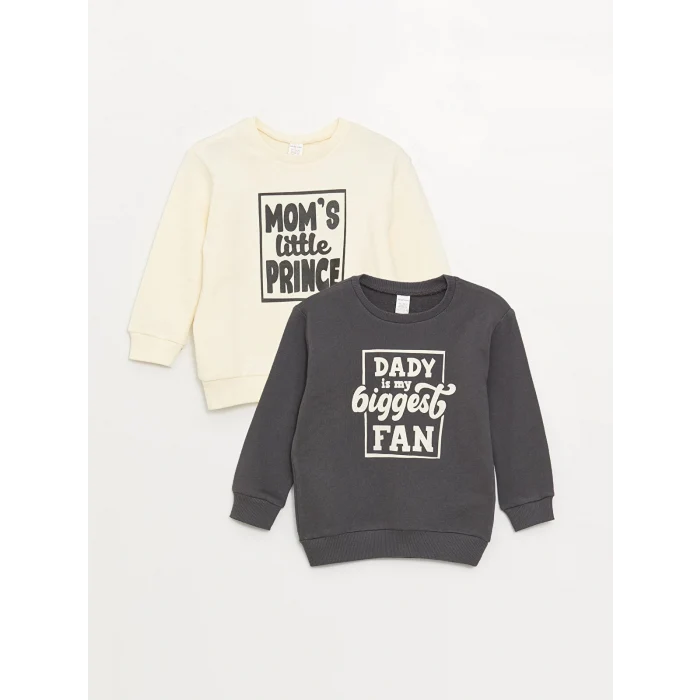 LCW baby Ekru Bisiklet Yaka Uzun Kollu Baskılı Erkek Bebek Sweatshirt 2li