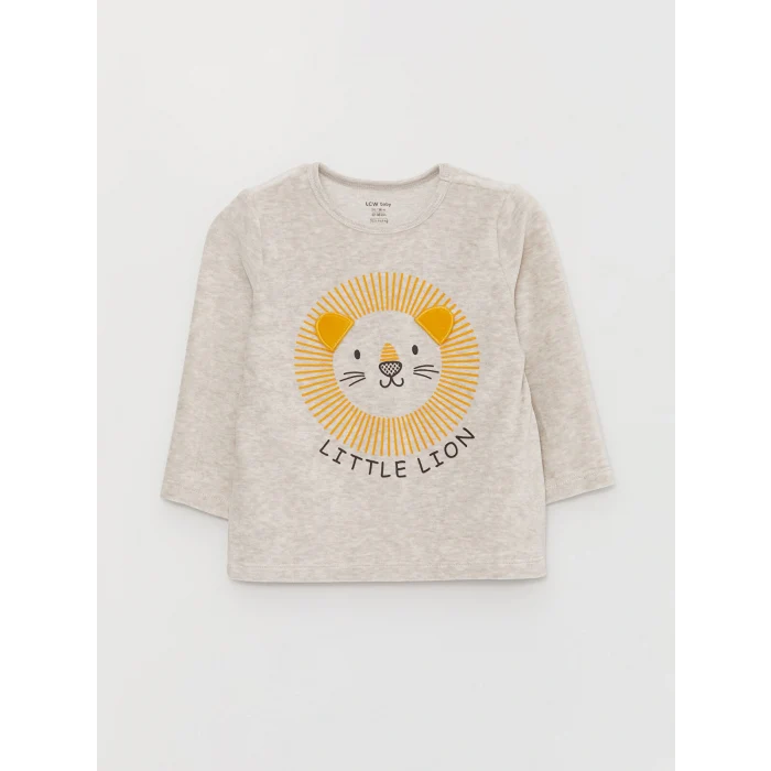 LCW baby Ekru Bisiklet Yaka Baskılı Kadife Erkek Bebek Pijama Takımı