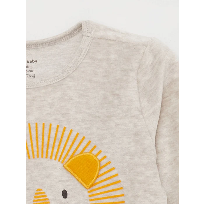 LCW baby Ekru Bisiklet Yaka Baskılı Kadife Erkek Bebek Pijama Takımı