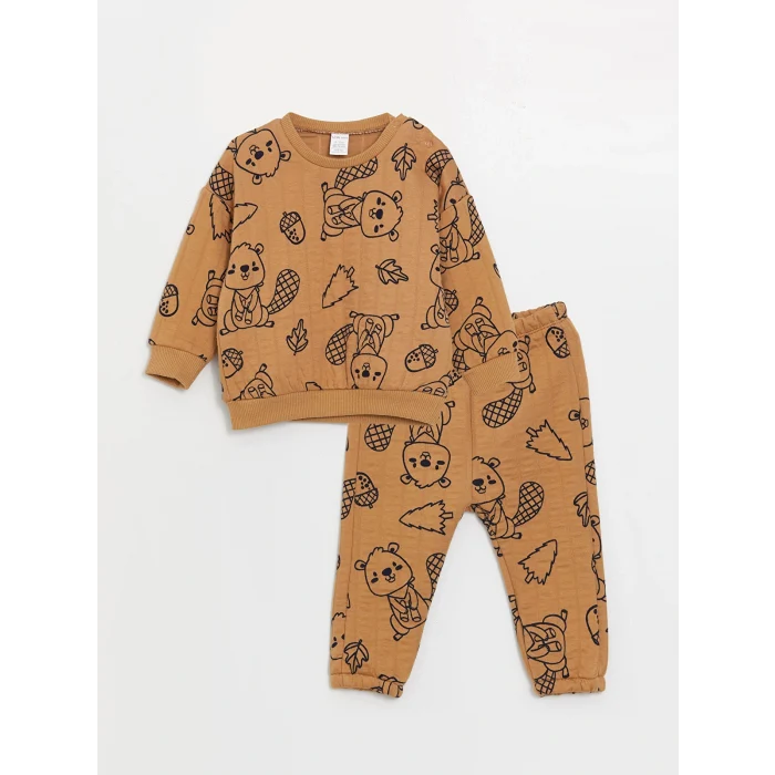 LCW baby Kahverengi Bisiklet Yaka Baskılı Erkek Bebek Sweatshirt ve Eşofman Alt 2li