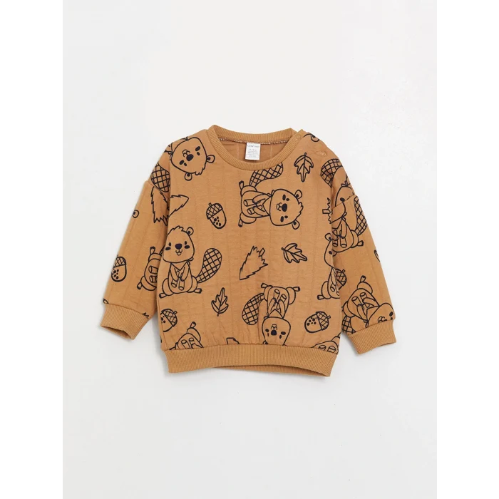 LCW baby Kahverengi Bisiklet Yaka Baskılı Erkek Bebek Sweatshirt ve Eşofman Alt 2li