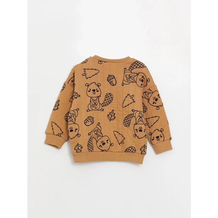 LCW baby Kahverengi Bisiklet Yaka Baskılı Erkek Bebek Sweatshirt ve Eşofman Alt 2li