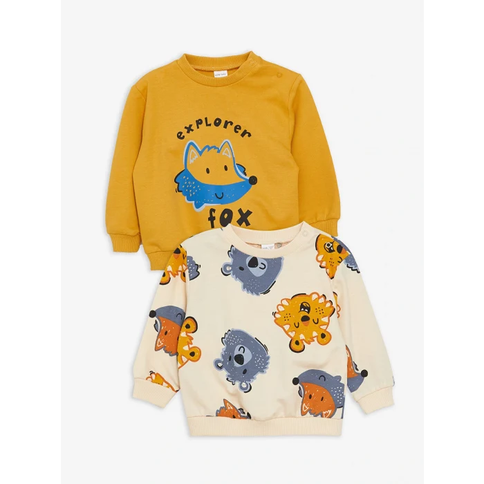 LCW baby Bej Bisiklet Yaka Uzun Kollu Baskılı Erkek Bebek Sweatshirt 2li
