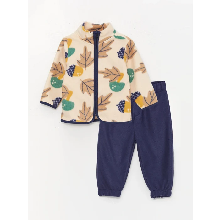 LCW baby Bej Dik Yaka Desenli Polar Erkek Bebek Hırka ve Pantolon 2li Takım