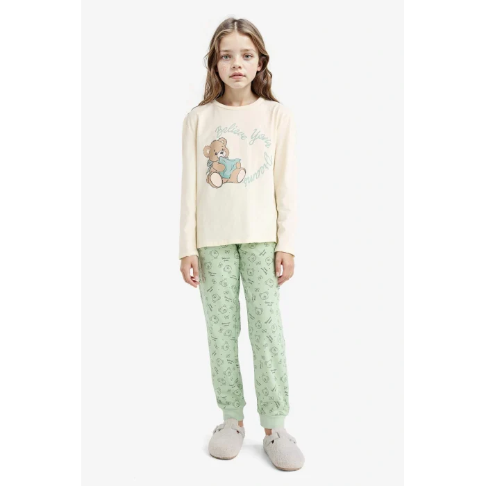 Defacto F6219A8ER134 Ekru Kız Çocuk Pijama Takımı Baskılı Uzun Kollu Üst Desenli Uzun Alt