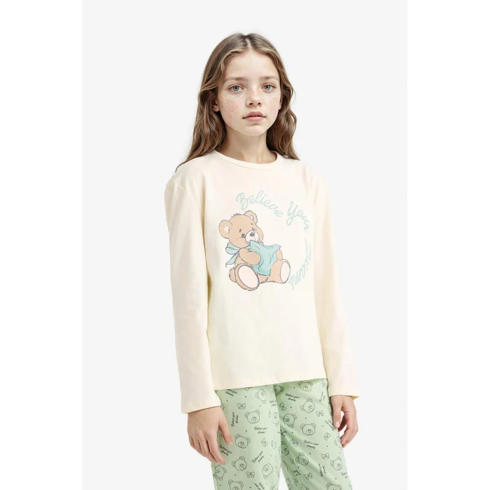 Defacto F6219A8ER134 Ekru Kız Çocuk Pijama Takımı Baskılı Uzun Kollu Üst Desenli Uzun Alt