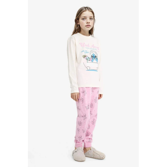 Defacto F7356A8ER105 Ekru Kız Çocuk Disney Lilo & Stitch Pijama Takımı Uzun Kollu Üst Uzun Alt