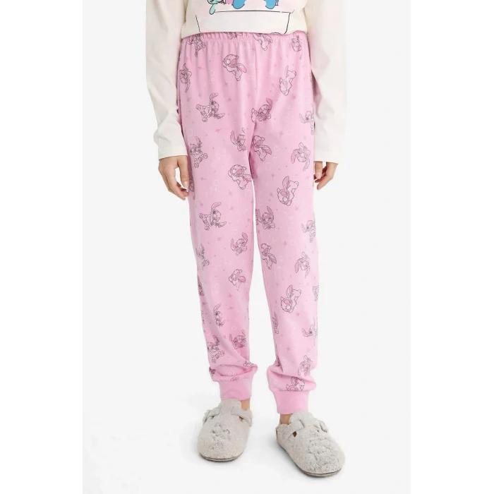 Defacto F7356A8ER105 Ekru Kız Çocuk Disney Lilo & Stitch Pijama Takımı Uzun Kollu Üst Uzun Alt