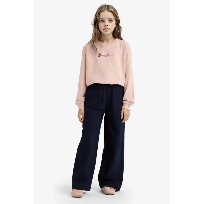 Defacto E8817A8BG55 Bej Kız Çocuk Relax Fit Bisiklet Yaka Baskılı Sweatshirt