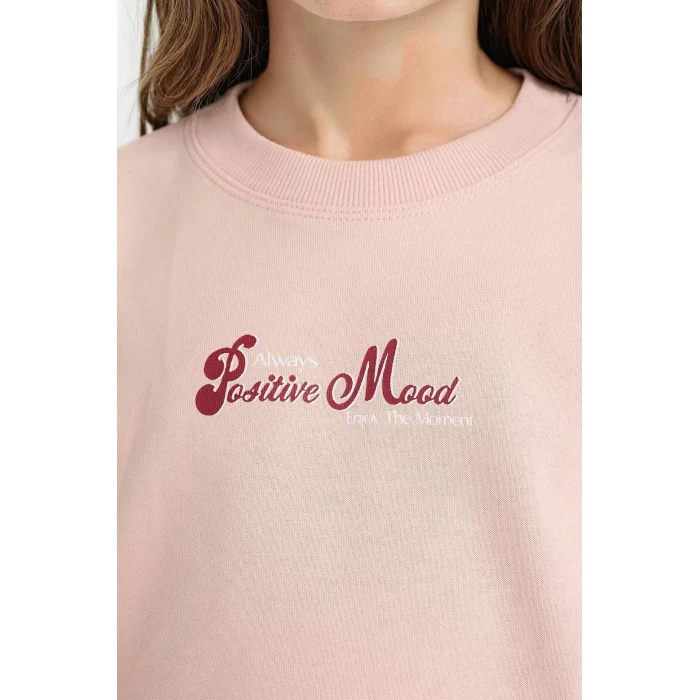 Defacto E8817A8BG55 Bej Kız Çocuk Relax Fit Bisiklet Yaka Baskılı Sweatshirt