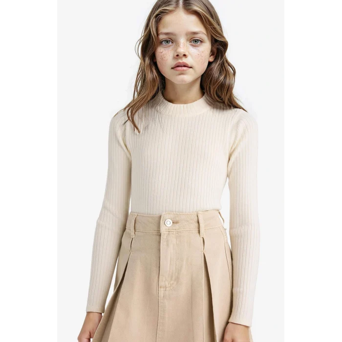 Defacto E9849A8ER233 Ekru Kız Çocuk Fitted Bisiklet Yaka Triko Kazak